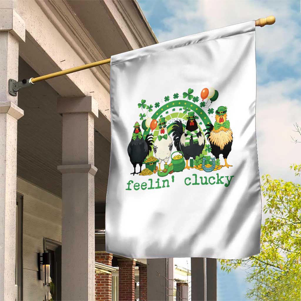Funny St Patricks Day Chicken Shamrock Garden Flag Feelin Clucky Hen Lucky Clover Pun Irish Humor