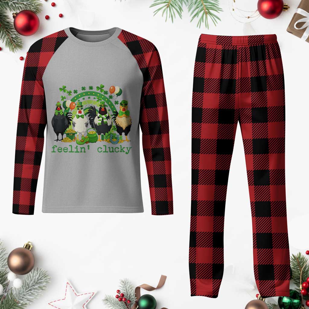 Funny St Patricks Day Chicken Shamrock Plaid Pajama Set Feelin Clucky Hen Lucky Clover Pun Irish Humor