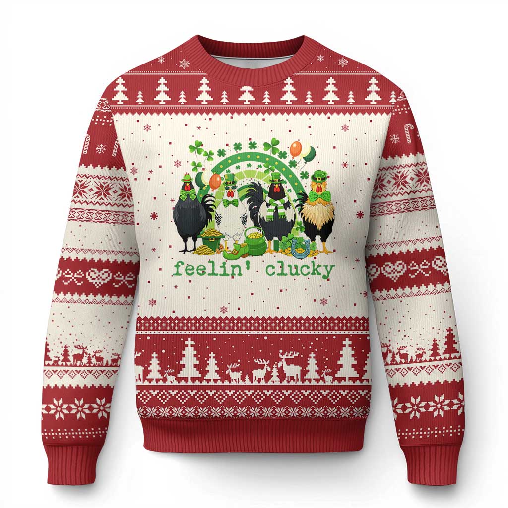 Funny St Patricks Day Chicken Shamrock Ugly Christmas Sweater Feelin Clucky Hen Lucky Clover Pun Irish Humor