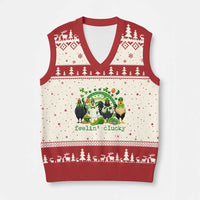 Funny St Patricks Day Chicken Shamrock V-Neck Knit Sweater Vest Feelin Clucky Hen Lucky Clover Pun Irish Humor