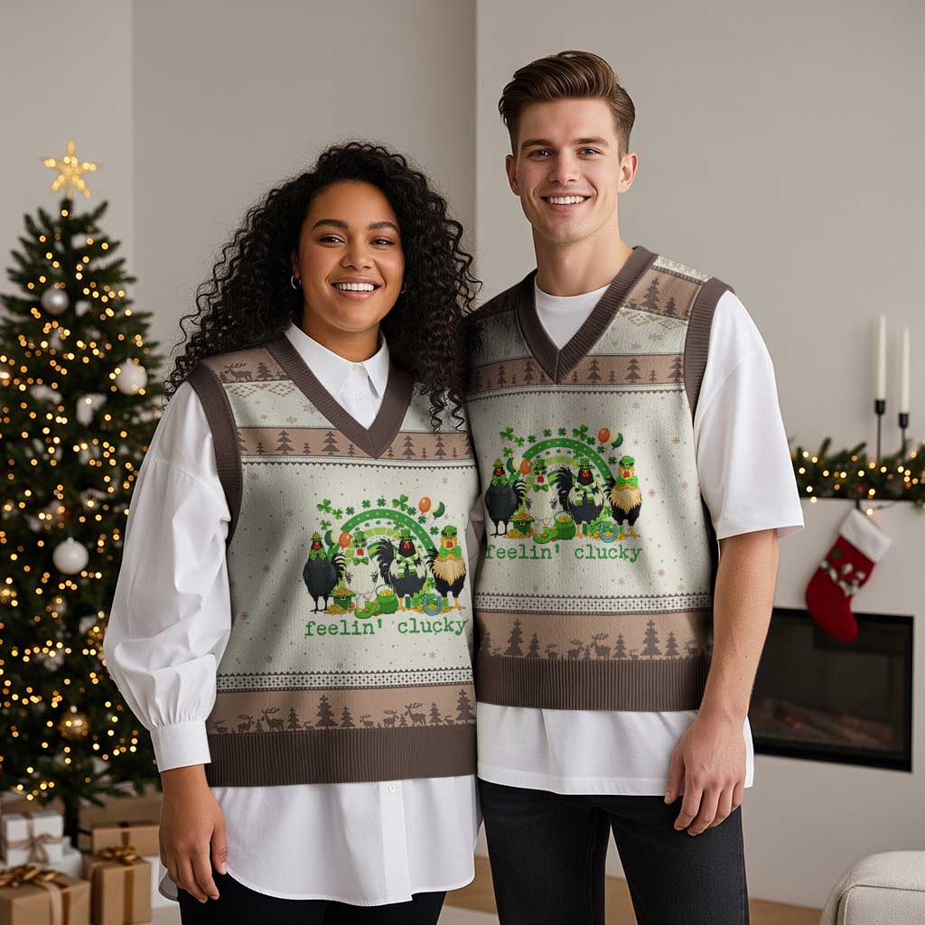 Funny St Patricks Day Chicken Shamrock V-Neck Knit Sweater Vest Feelin Clucky Hen Lucky Clover Pun Irish Humor