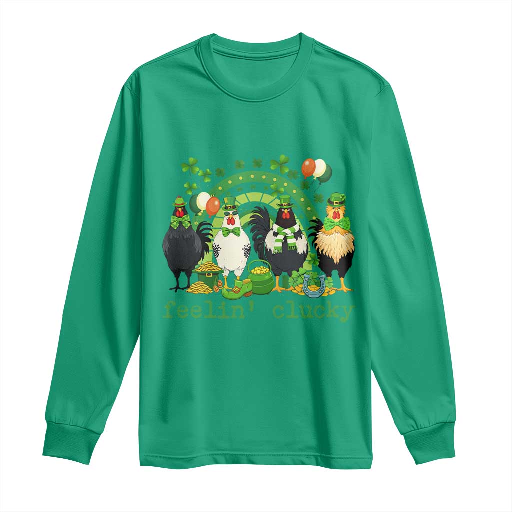 Funny St Patricks Day Chicken Shamrock Long Sleeve Shirt Feelin Clucky Hen Lucky Clover Pun Irish Humor