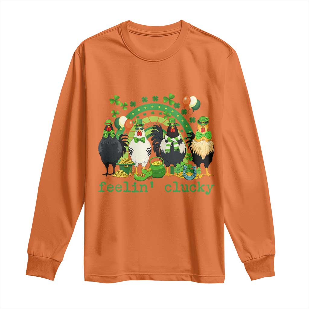 Funny St Patricks Day Chicken Shamrock Long Sleeve Shirt Feelin Clucky Hen Lucky Clover Pun Irish Humor