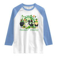 Funny St Patricks Day Chicken Shamrock Raglan Shirt Feelin Clucky Hen Lucky Clover Pun Irish Humor