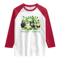 Funny St Patricks Day Chicken Shamrock Raglan Shirt Feelin Clucky Hen Lucky Clover Pun Irish Humor