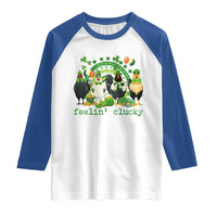 Funny St Patricks Day Chicken Shamrock Raglan Shirt Feelin Clucky Hen Lucky Clover Pun Irish Humor