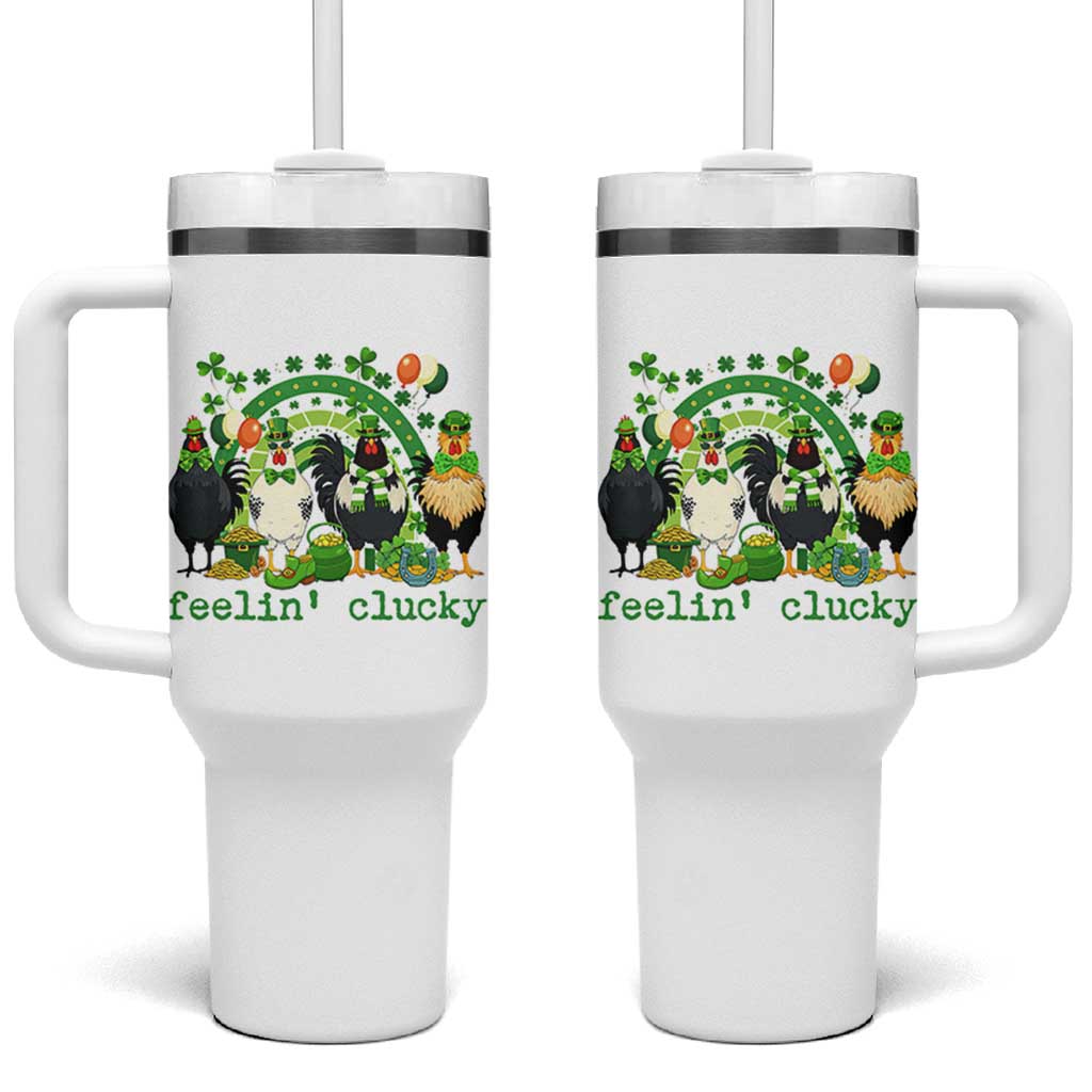 Funny St Patricks Day Chicken Shamrock Tumbler With Handle Feelin Clucky Hen Lucky Clover Pun Irish Humor