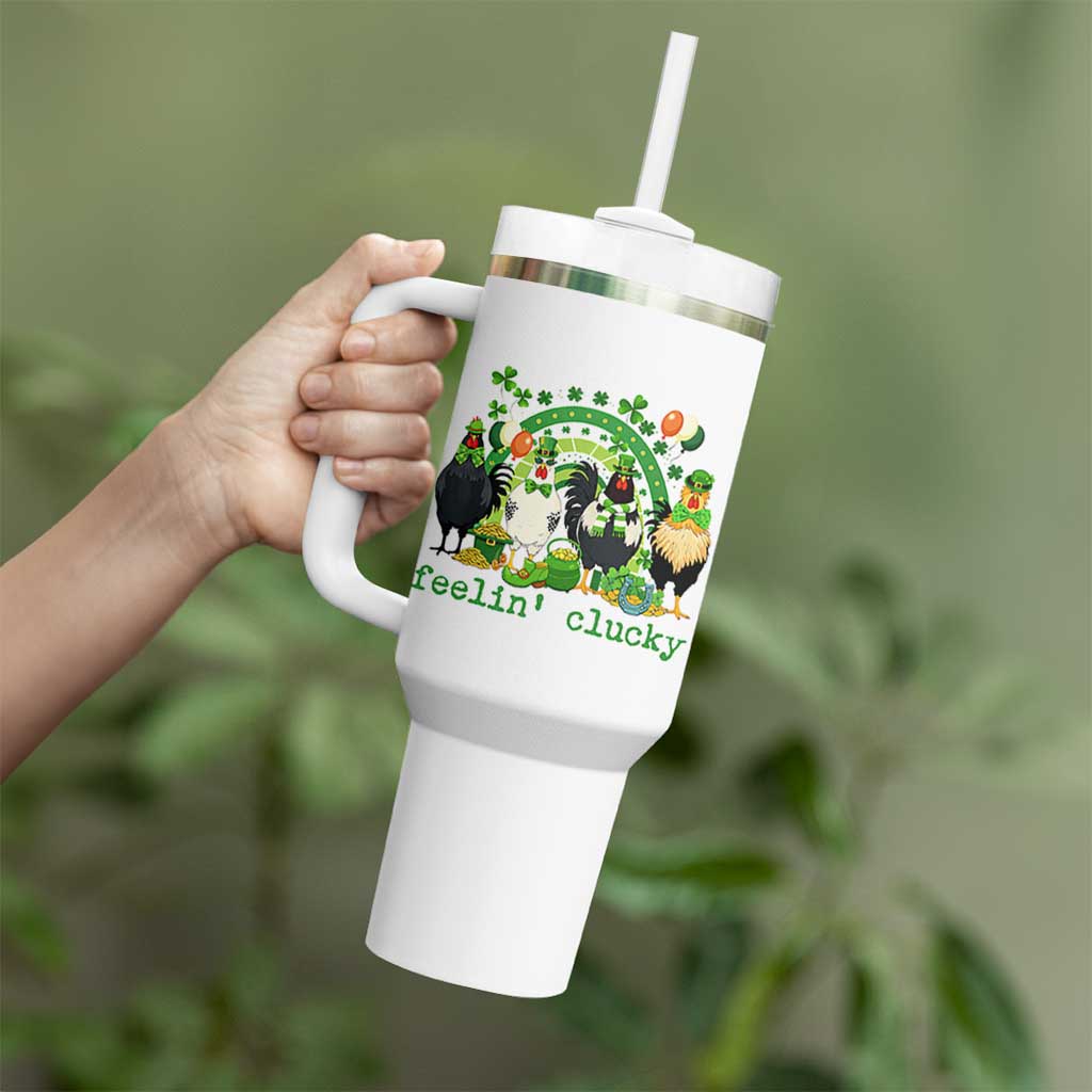 Funny St Patricks Day Chicken Shamrock Tumbler With Handle Feelin Clucky Hen Lucky Clover Pun Irish Humor