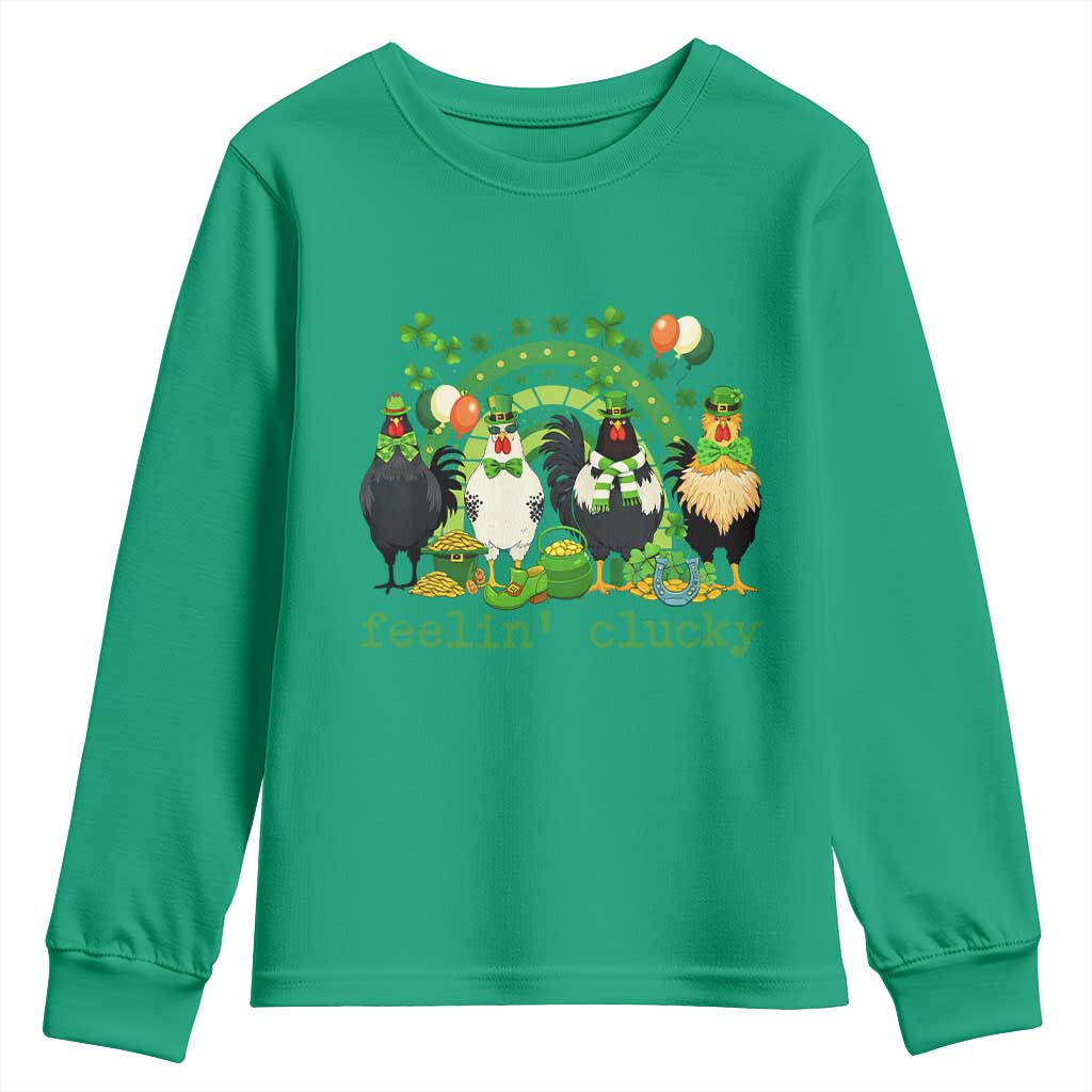 Funny St Patricks Day Chicken Shamrock Youth Sweatshirt Feelin Clucky Hen Lucky Clover Pun Irish Humor