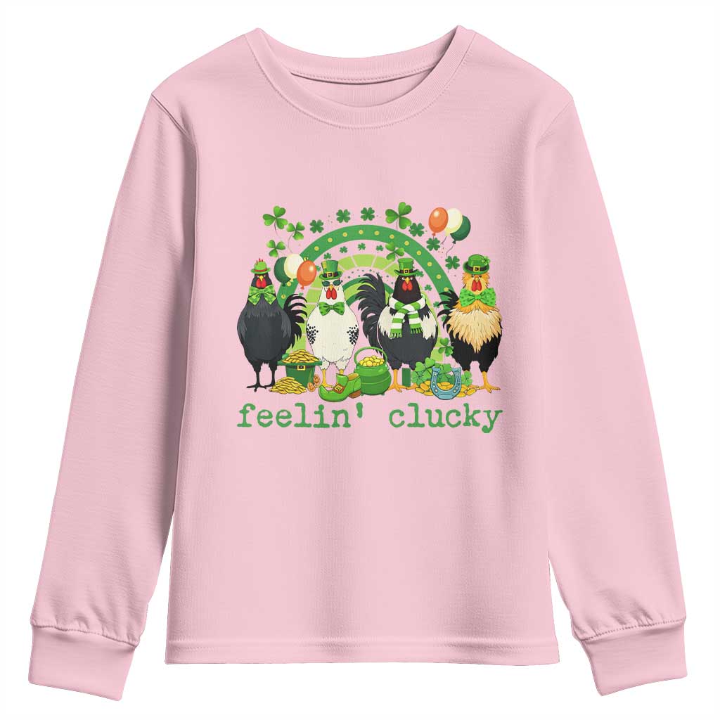 Funny St Patricks Day Chicken Shamrock Youth Sweatshirt Feelin Clucky Hen Lucky Clover Pun Irish Humor