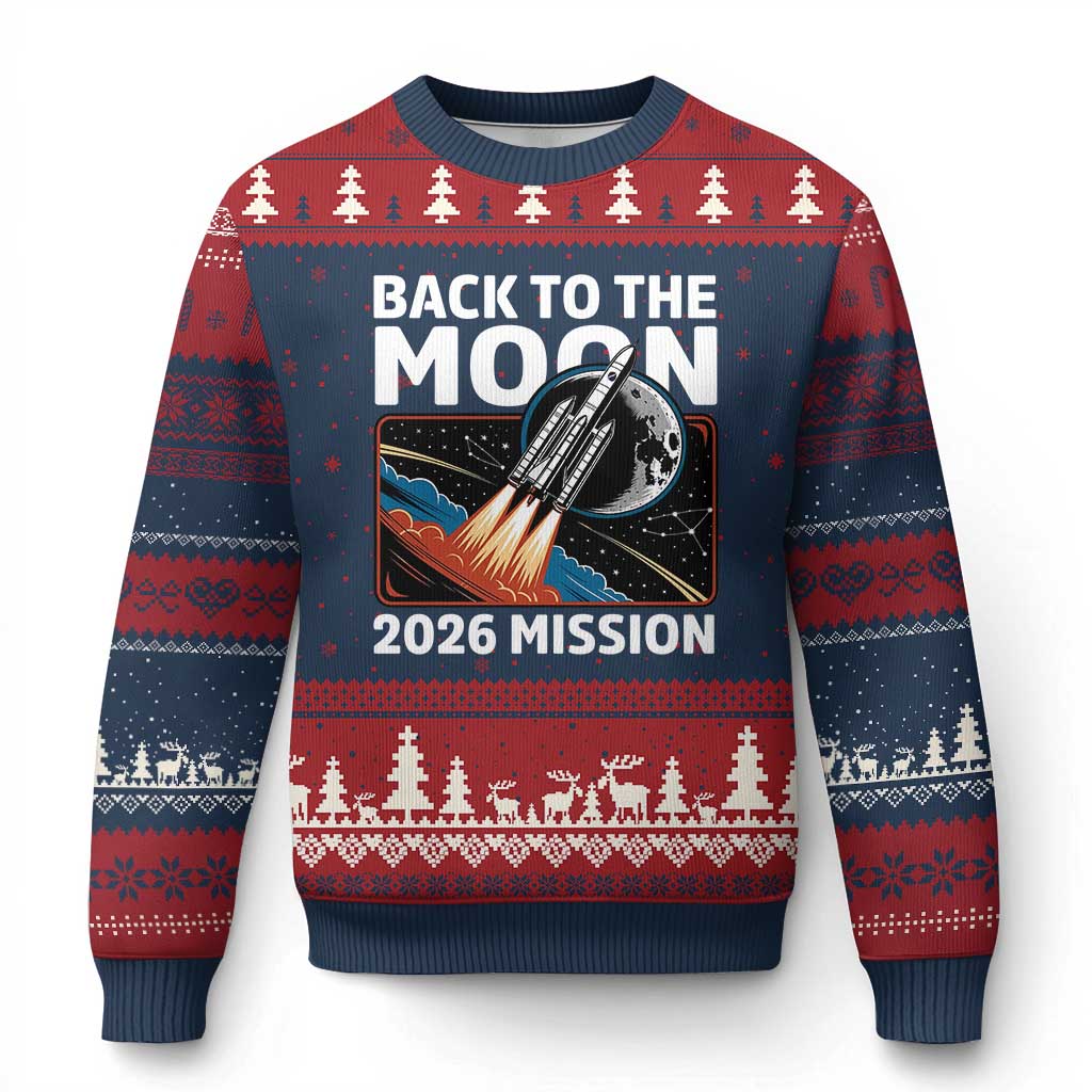 Back to the Moon 2026 Mission Ugly Christmas Sweater Retro Rocket Launch Lunar Orbit Space Enthusiasts