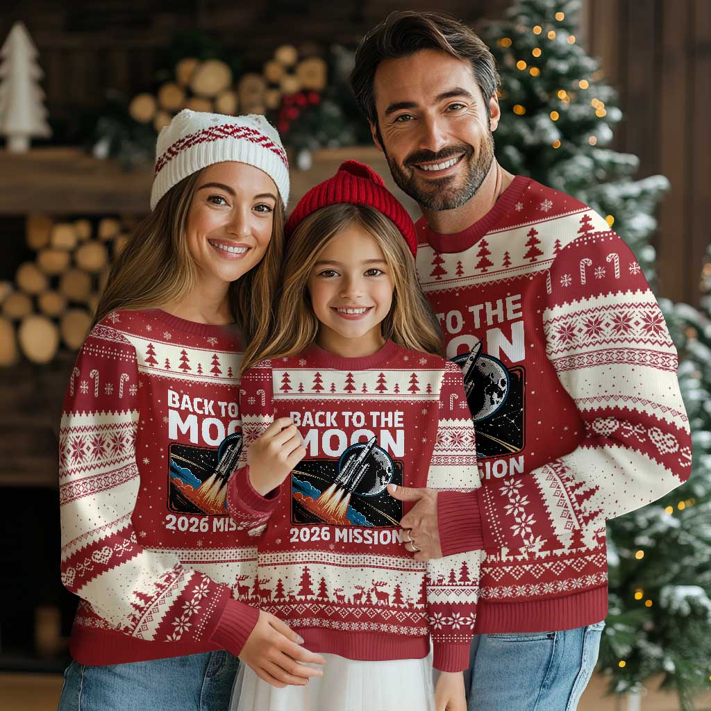 Back to the Moon 2026 Mission Ugly Christmas Sweater Retro Rocket Launch Lunar Orbit Space Enthusiasts