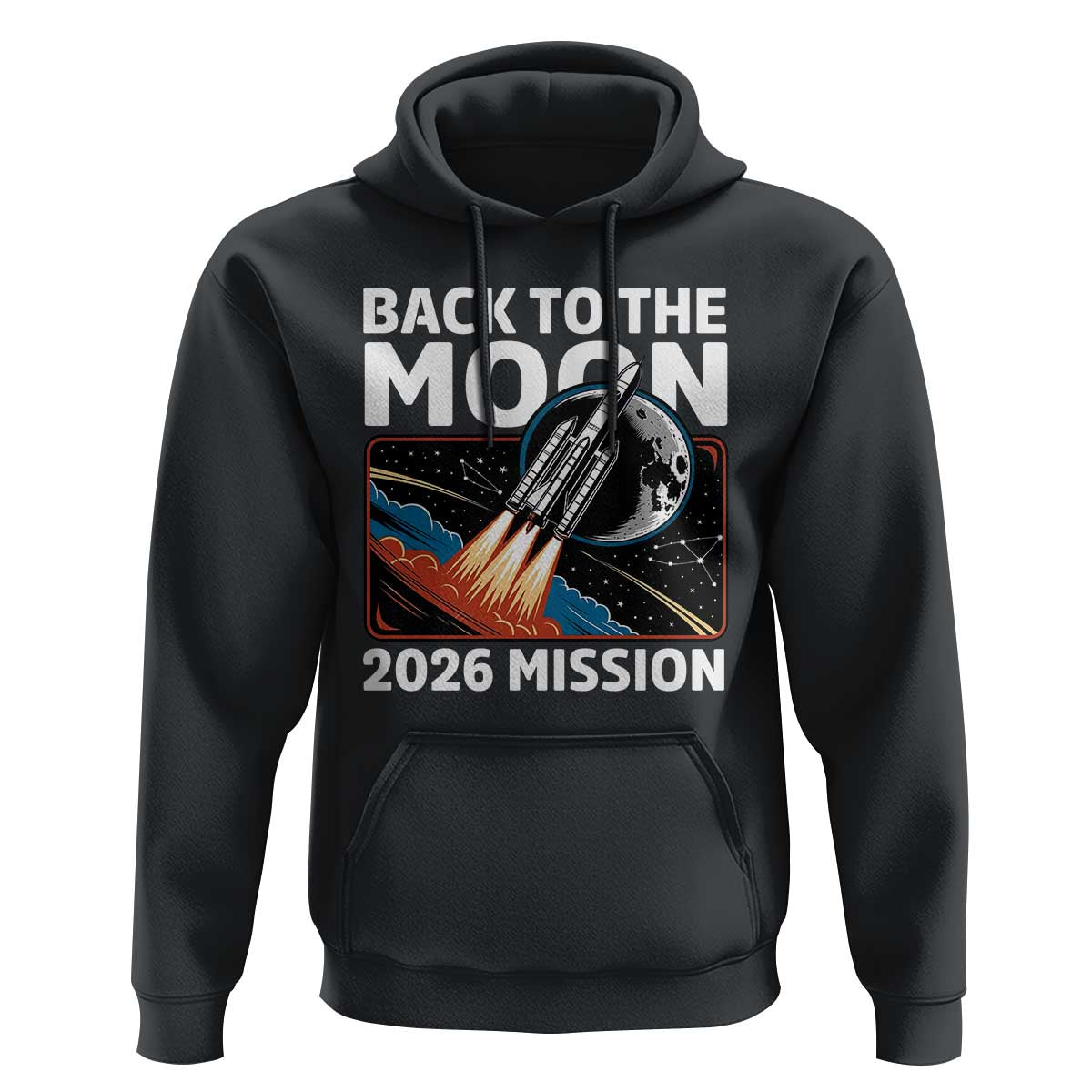 Back to the Moon 2026 Mission Hoodie Retro Rocket Launch Lunar Orbit Space Enthusiasts
