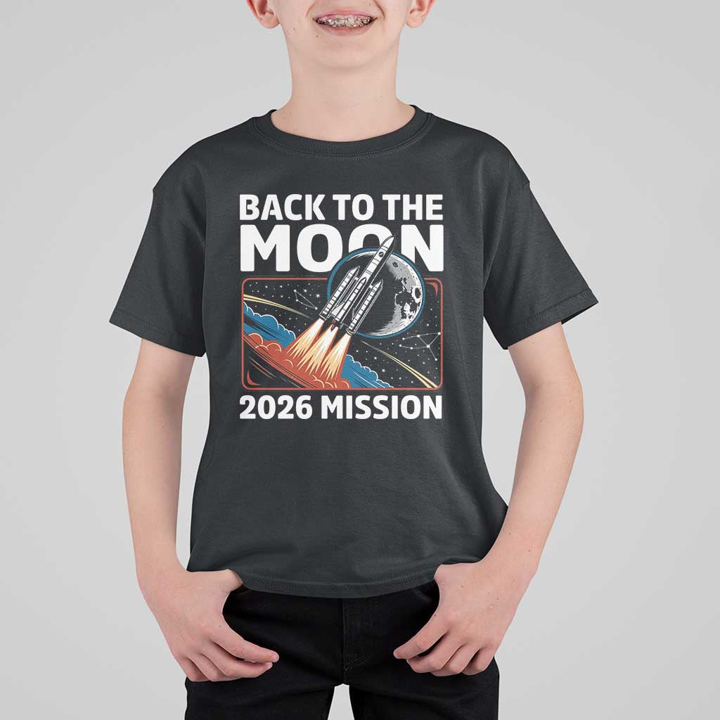 Back to the Moon 2026 Mission T Shirt For Kid Retro Rocket Launch Lunar Orbit Space Enthusiasts