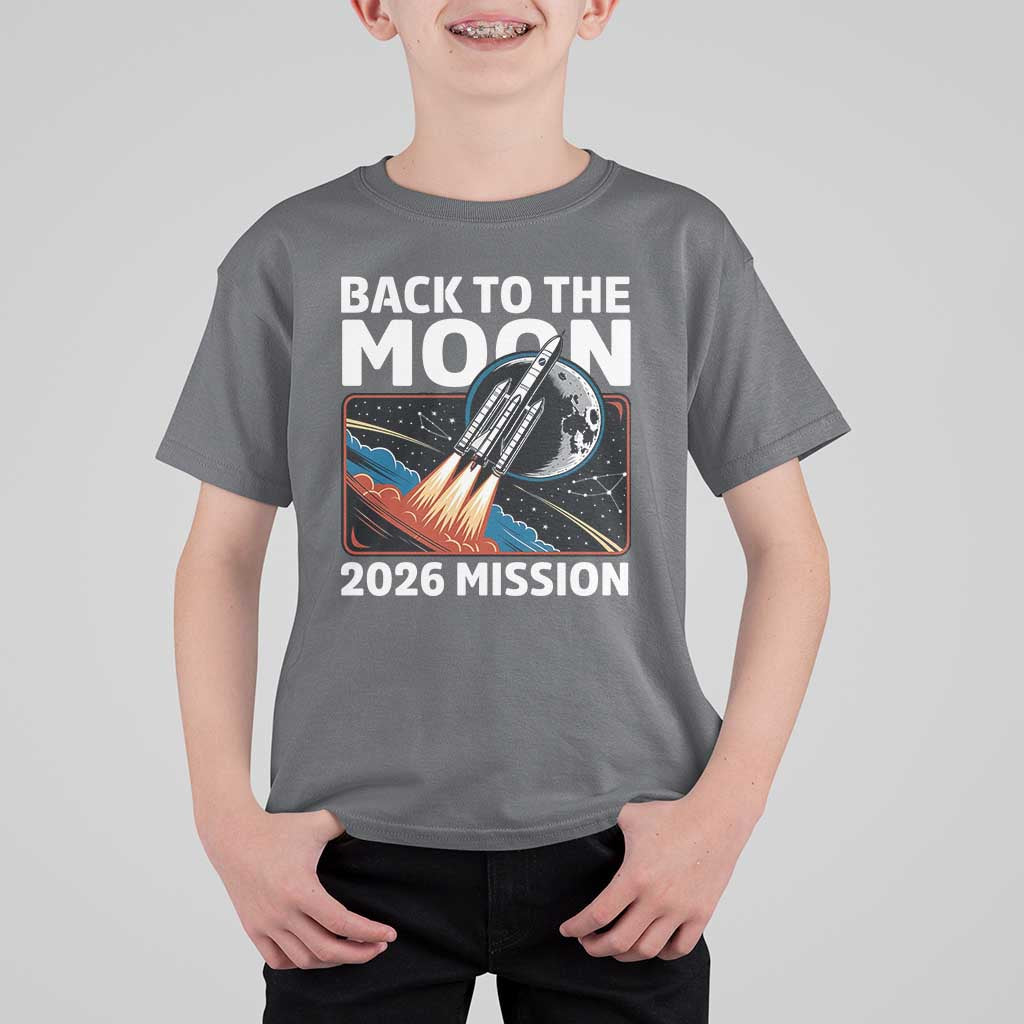 Back to the Moon 2026 Mission T Shirt For Kid Retro Rocket Launch Lunar Orbit Space Enthusiasts