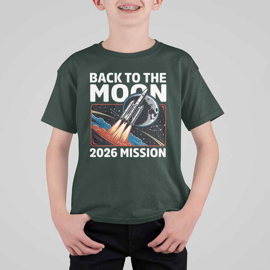 Back to the Moon 2026 Mission T Shirt For Kid Retro Rocket Launch Lunar Orbit Space Enthusiasts