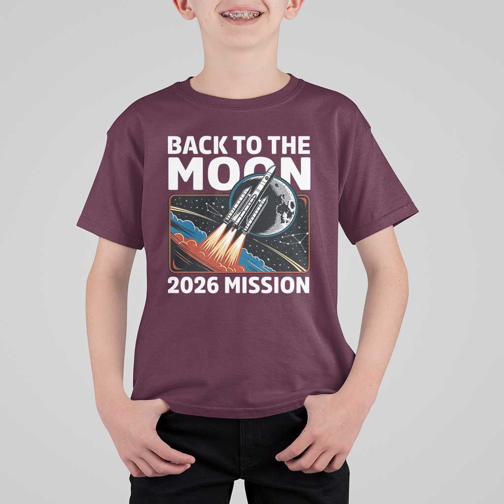 Back to the Moon 2026 Mission T Shirt For Kid Retro Rocket Launch Lunar Orbit Space Enthusiasts