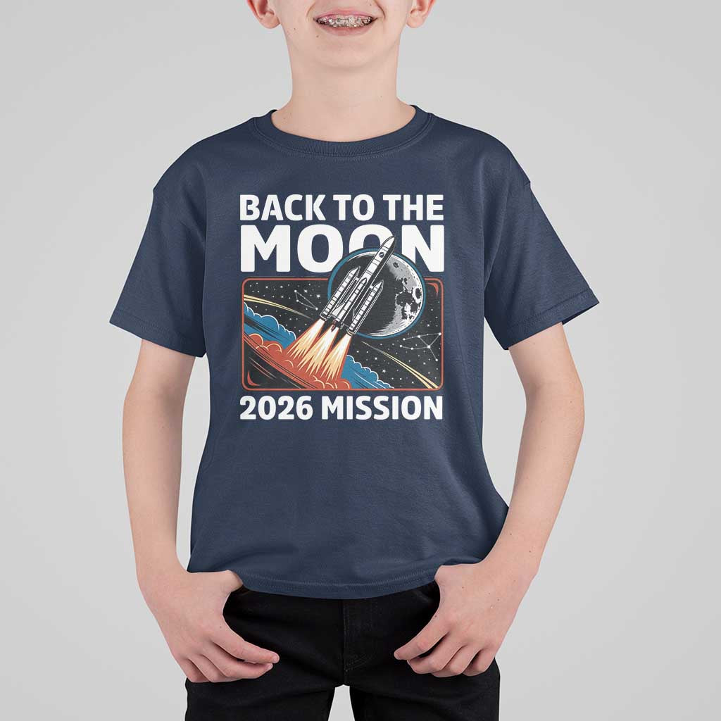 Back to the Moon 2026 Mission T Shirt For Kid Retro Rocket Launch Lunar Orbit Space Enthusiasts