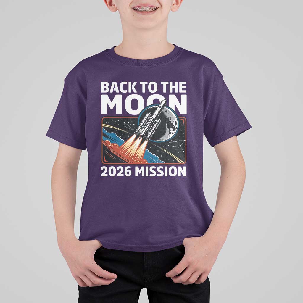 Back to the Moon 2026 Mission T Shirt For Kid Retro Rocket Launch Lunar Orbit Space Enthusiasts