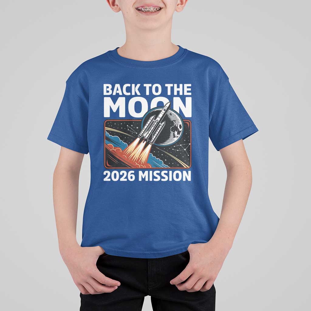 Back to the Moon 2026 Mission T Shirt For Kid Retro Rocket Launch Lunar Orbit Space Enthusiasts