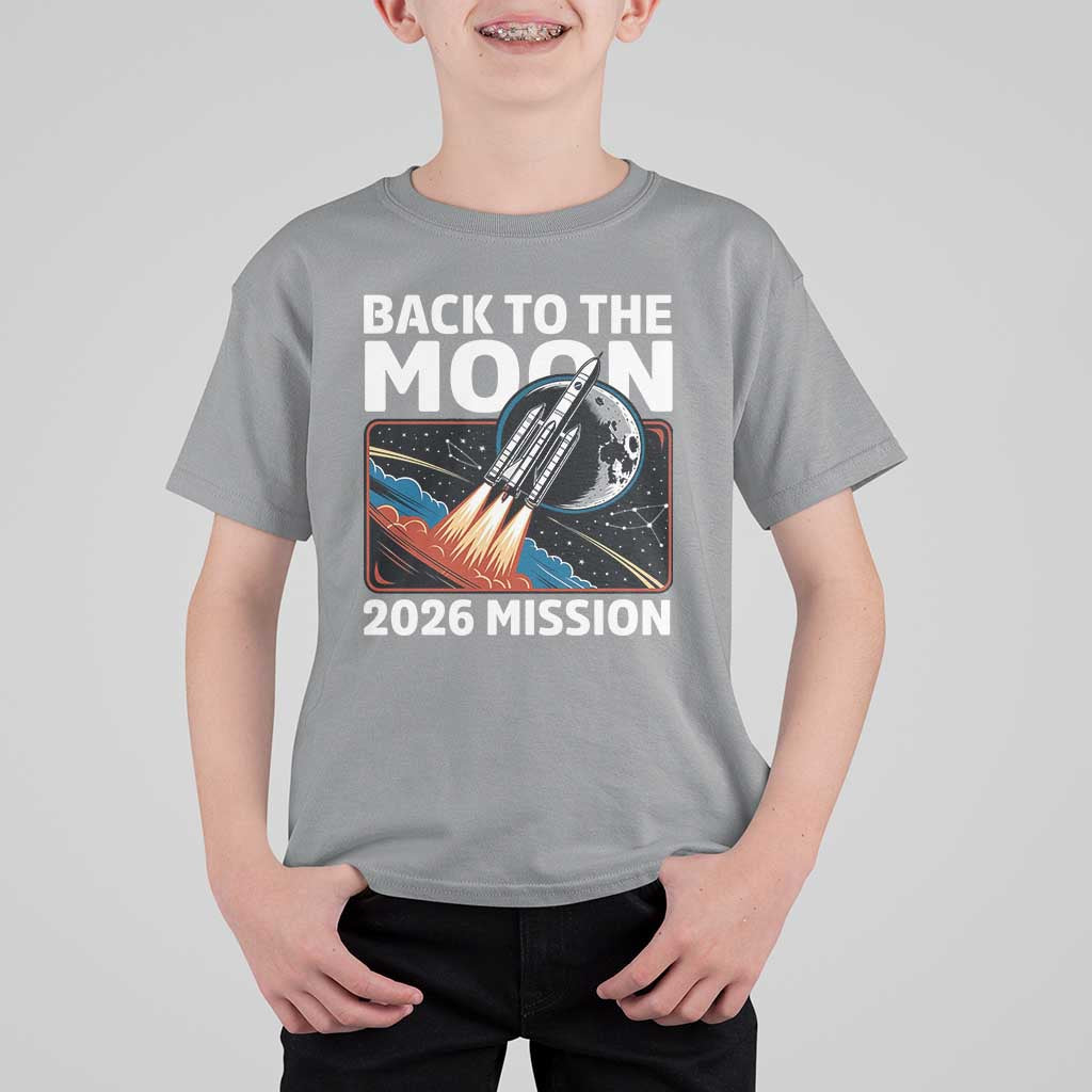 Back to the Moon 2026 Mission T Shirt For Kid Retro Rocket Launch Lunar Orbit Space Enthusiasts