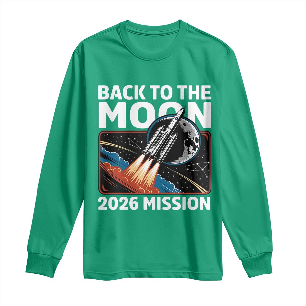 Back to the Moon 2026 Mission Long Sleeve Shirt Retro Rocket Launch Lunar Orbit Space Enthusiasts