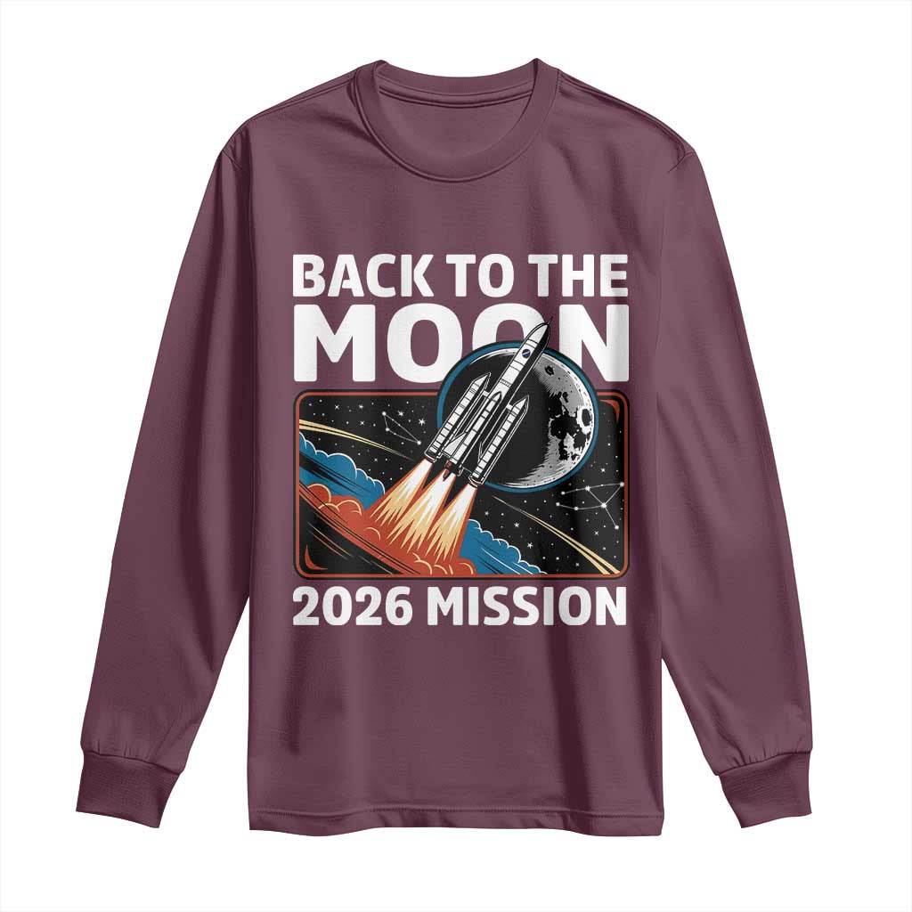 Back to the Moon 2026 Mission Long Sleeve Shirt Retro Rocket Launch Lunar Orbit Space Enthusiasts