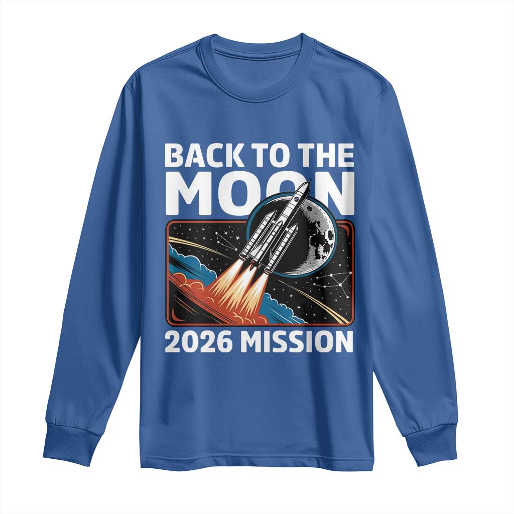 Back to the Moon 2026 Mission Long Sleeve Shirt Retro Rocket Launch Lunar Orbit Space Enthusiasts