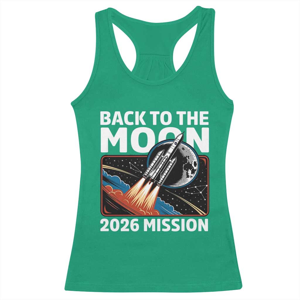 Back to the Moon 2026 Mission Racerback Tank Top Retro Rocket Launch Lunar Orbit Space Enthusiasts