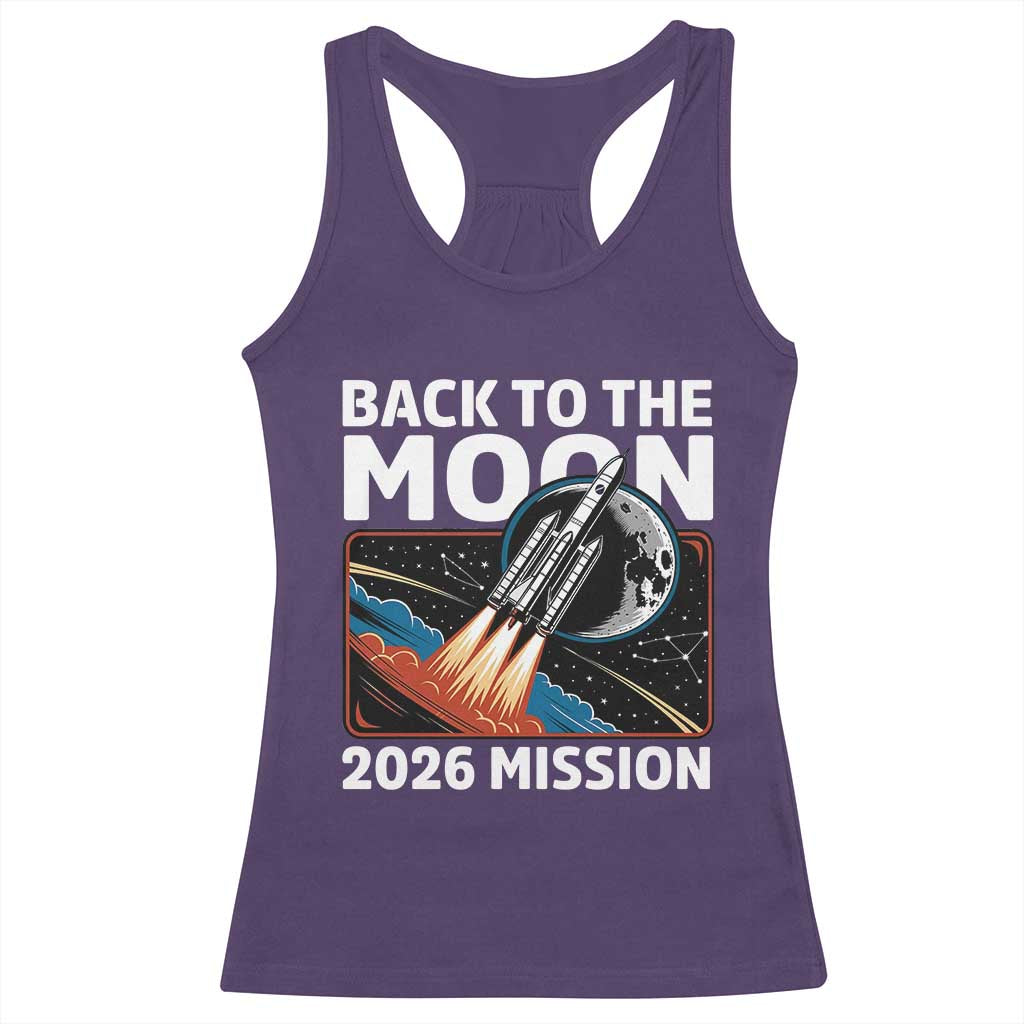 Back to the Moon 2026 Mission Racerback Tank Top Retro Rocket Launch Lunar Orbit Space Enthusiasts