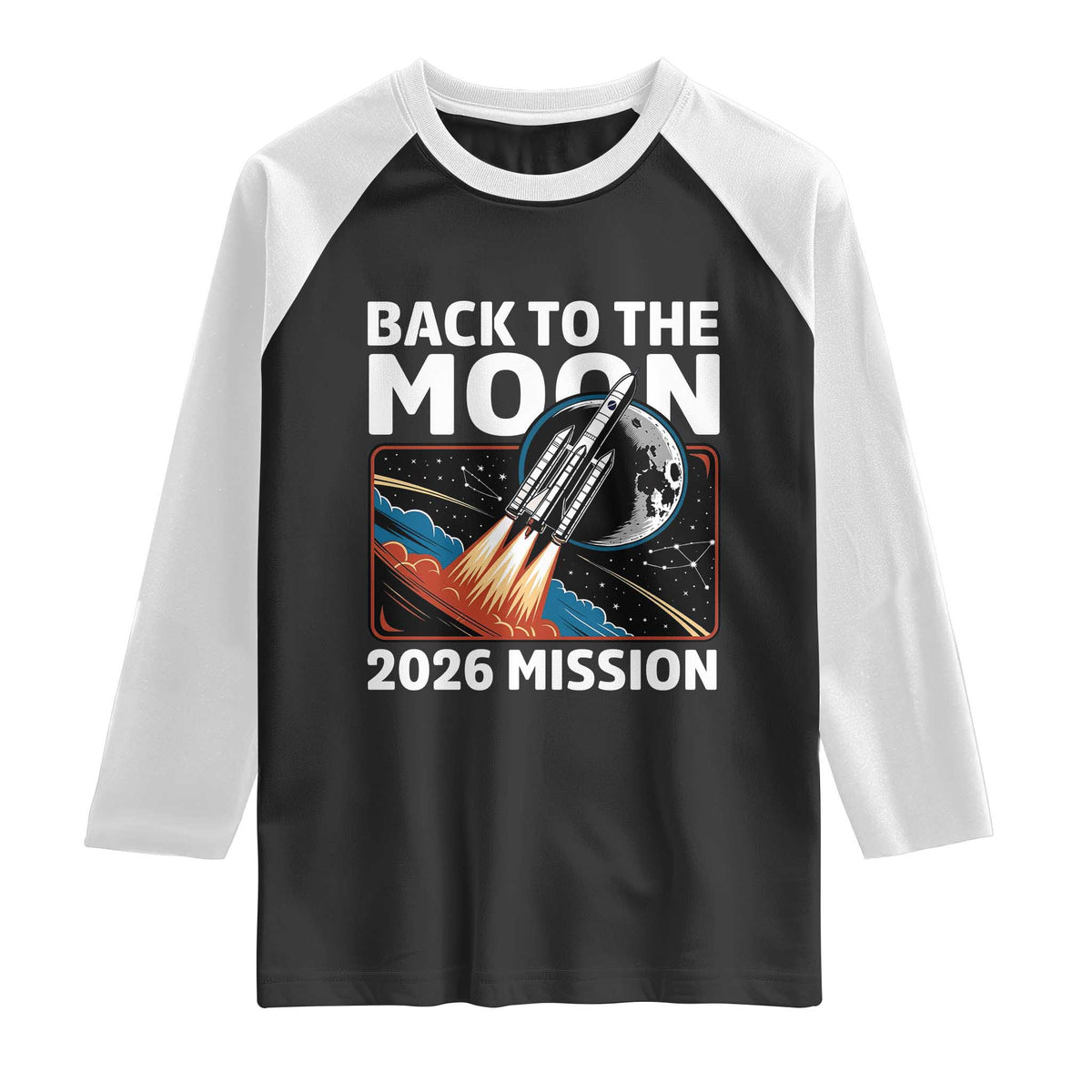 Back to the Moon 2026 Mission Raglan Shirt Retro Rocket Launch Lunar Orbit Space Enthusiasts