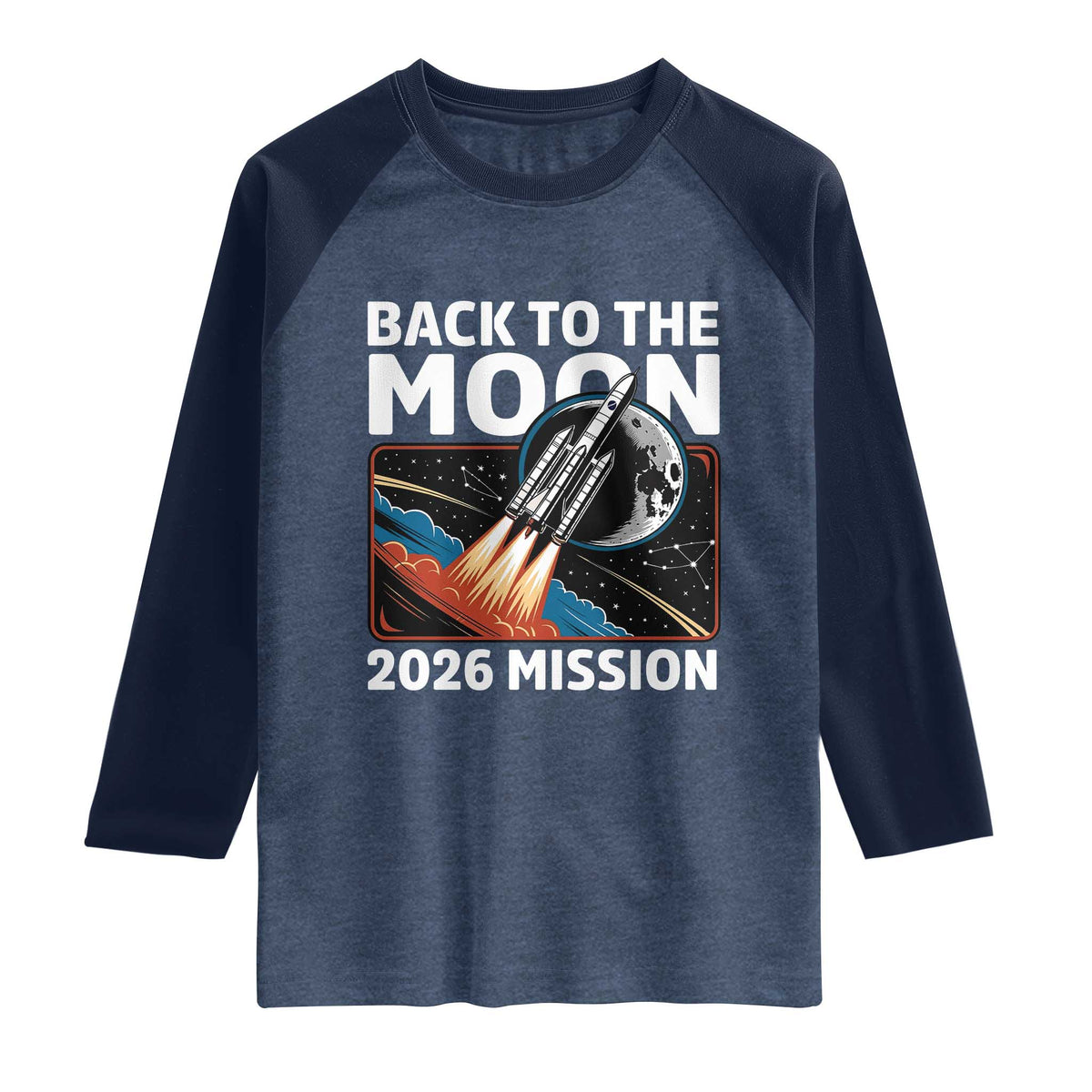 Back to the Moon 2026 Mission Raglan Shirt Retro Rocket Launch Lunar Orbit Space Enthusiasts