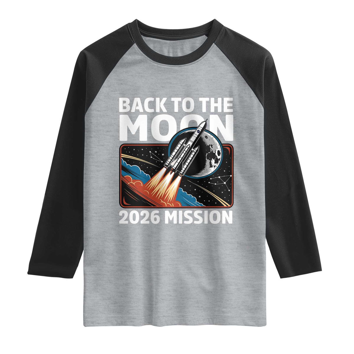 Back to the Moon 2026 Mission Raglan Shirt Retro Rocket Launch Lunar Orbit Space Enthusiasts