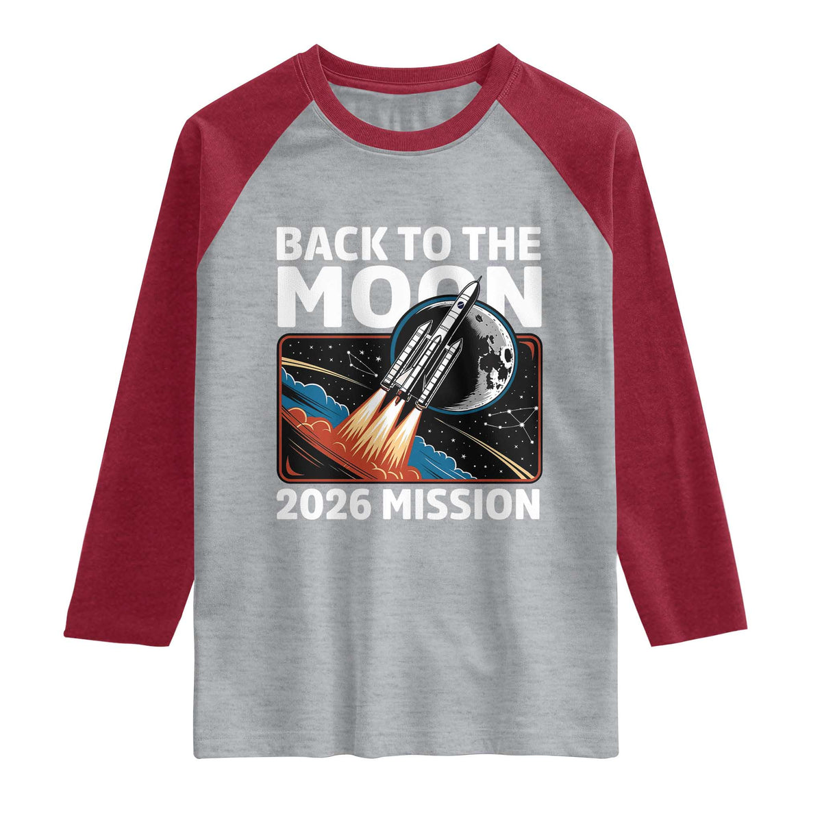 Back to the Moon 2026 Mission Raglan Shirt Retro Rocket Launch Lunar Orbit Space Enthusiasts