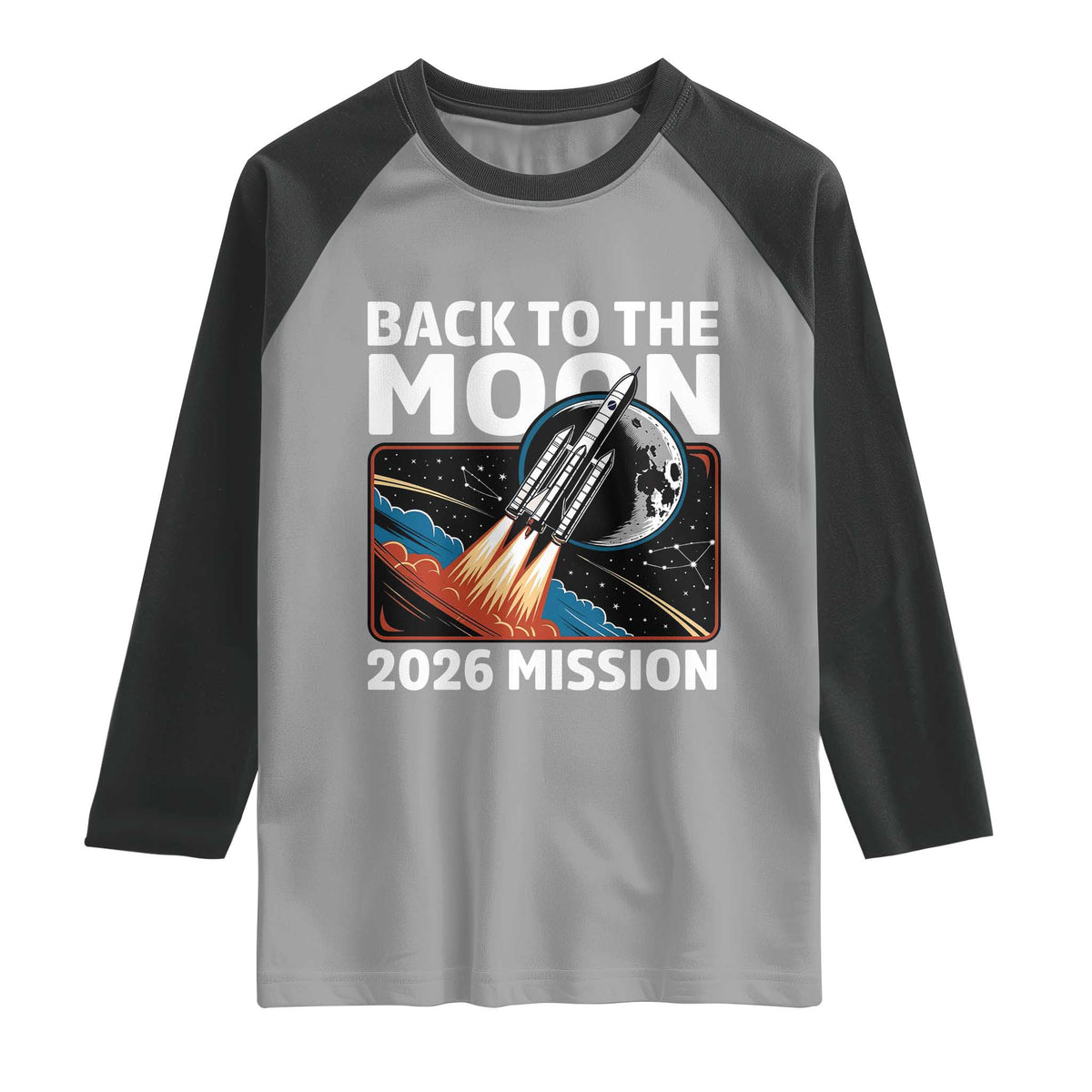 Back to the Moon 2026 Mission Raglan Shirt Retro Rocket Launch Lunar Orbit Space Enthusiasts