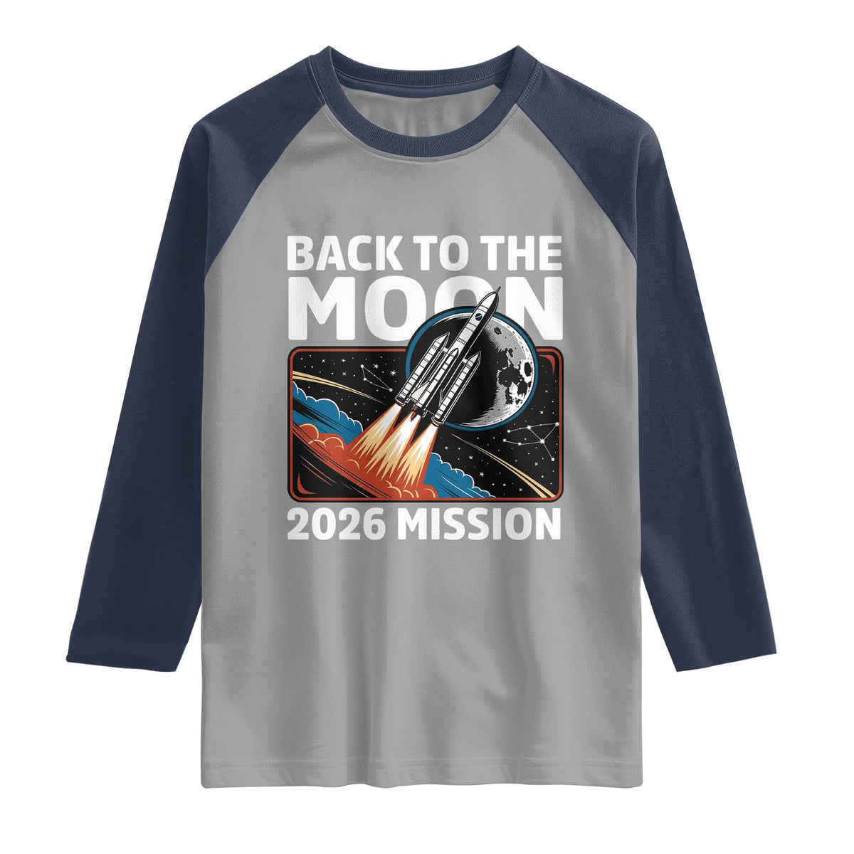 Back to the Moon 2026 Mission Raglan Shirt Retro Rocket Launch Lunar Orbit Space Enthusiasts