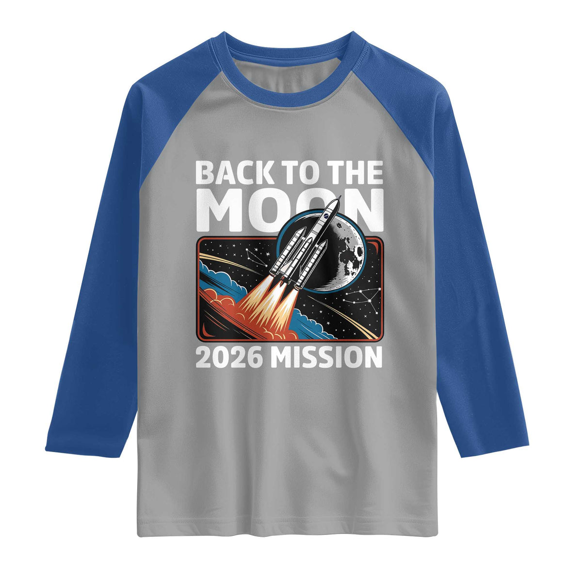 Back to the Moon 2026 Mission Raglan Shirt Retro Rocket Launch Lunar Orbit Space Enthusiasts