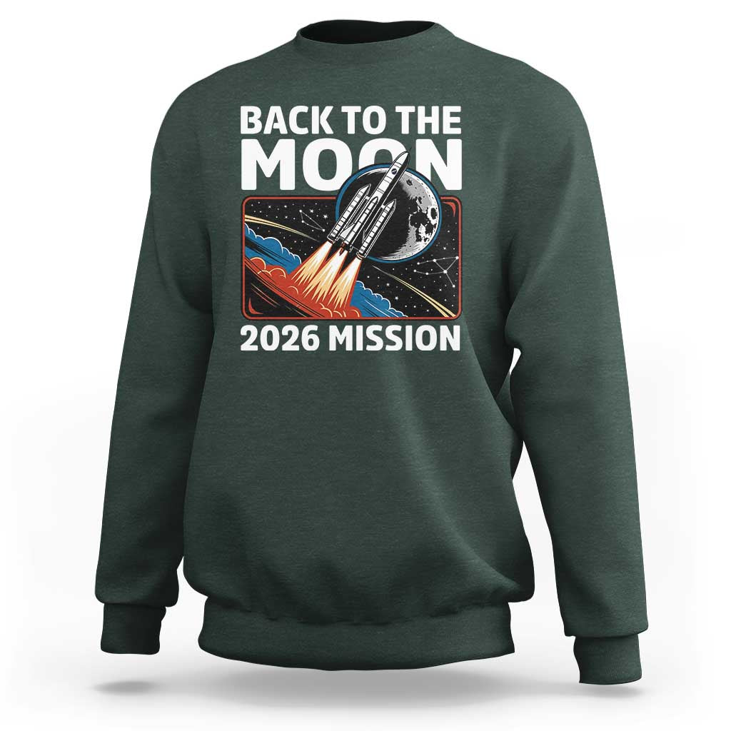 Back to the Moon 2026 Mission Sweatshirt Retro Rocket Launch Lunar Orbit Space Enthusiasts