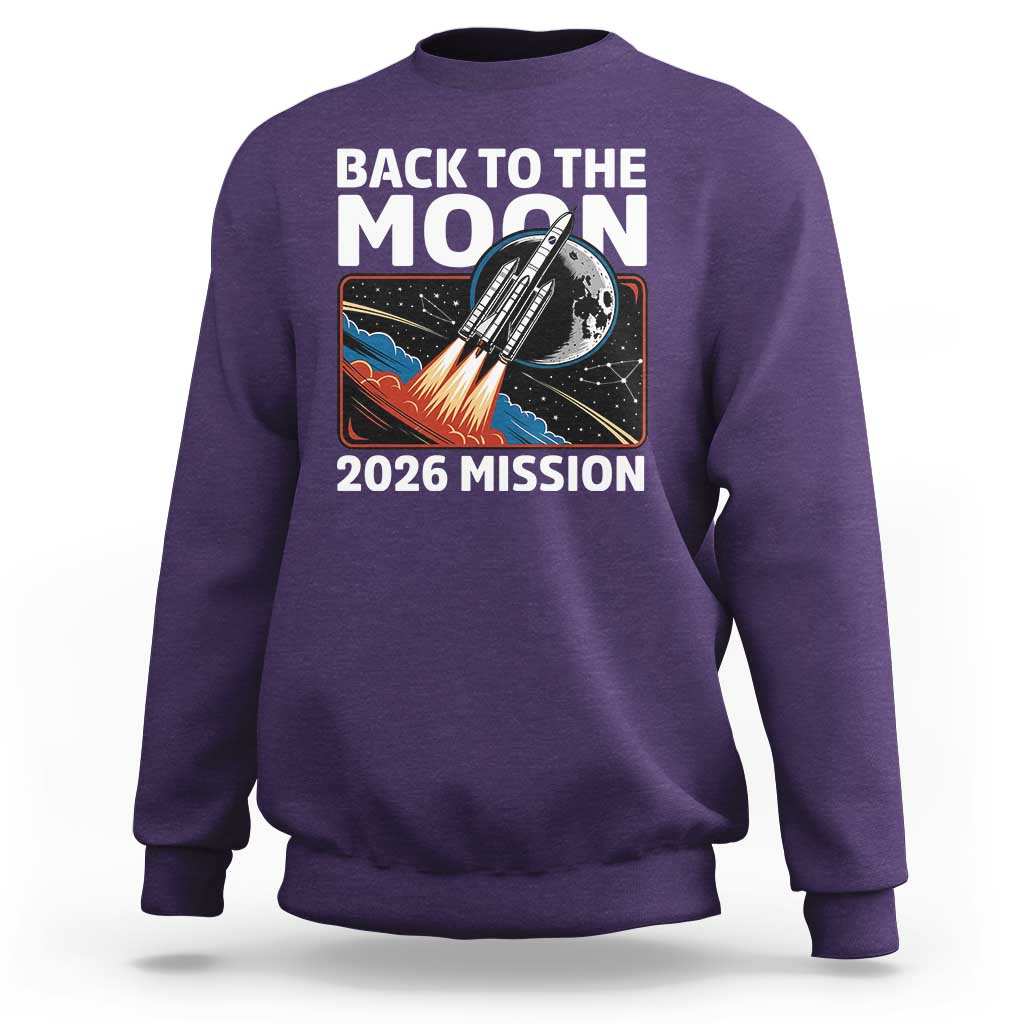 Back to the Moon 2026 Mission Sweatshirt Retro Rocket Launch Lunar Orbit Space Enthusiasts