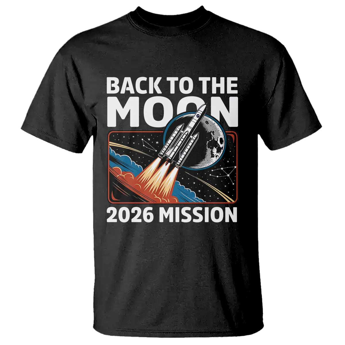 Back to the Moon 2026 Mission T Shirt Retro Rocket Launch Lunar Orbit Space Enthusiasts