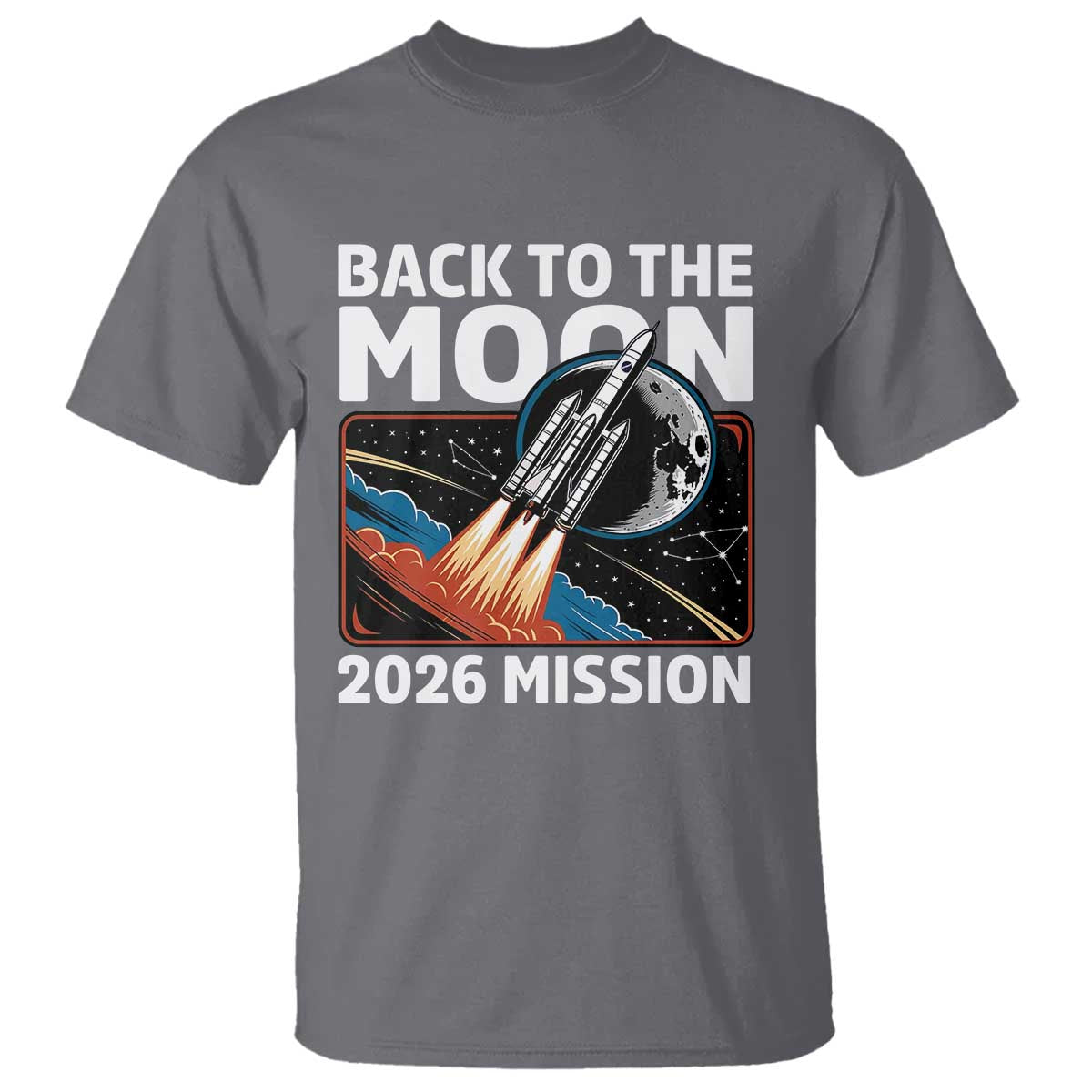 Back to the Moon 2026 Mission T Shirt Retro Rocket Launch Lunar Orbit Space Enthusiasts