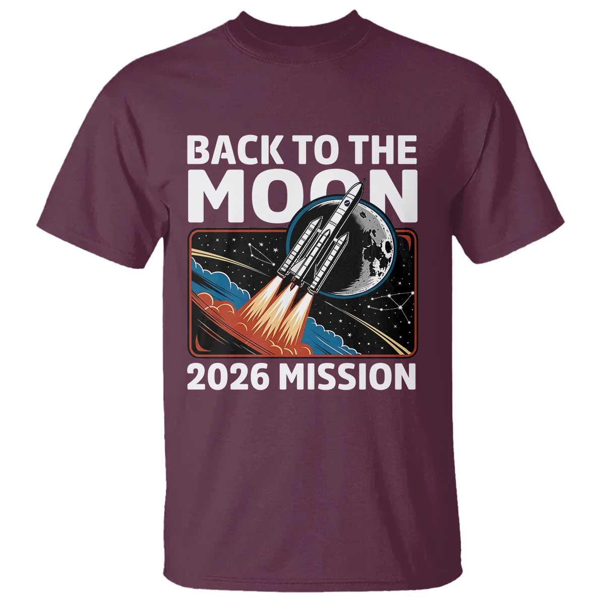 Back to the Moon 2026 Mission T Shirt Retro Rocket Launch Lunar Orbit Space Enthusiasts