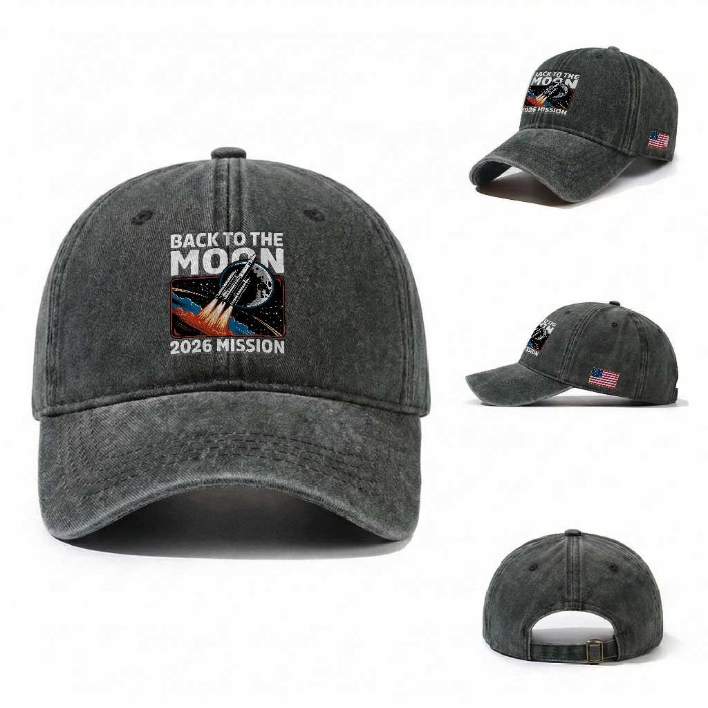Back to the Moon 2026 Mission Washed Cotton Baseball Cap Retro Rocket Launch Lunar Orbit Space Enthusiasts