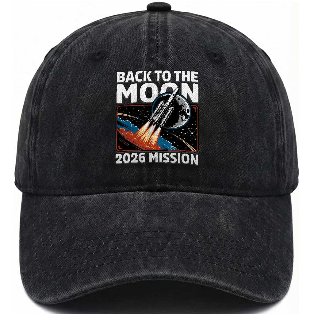 Back to the Moon 2026 Mission Washed Cotton Baseball Cap Retro Rocket Launch Lunar Orbit Space Enthusiasts