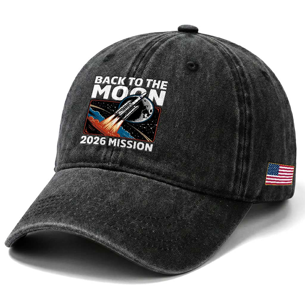 Back to the Moon 2026 Mission Washed Cotton Baseball Cap Retro Rocket Launch Lunar Orbit Space Enthusiasts