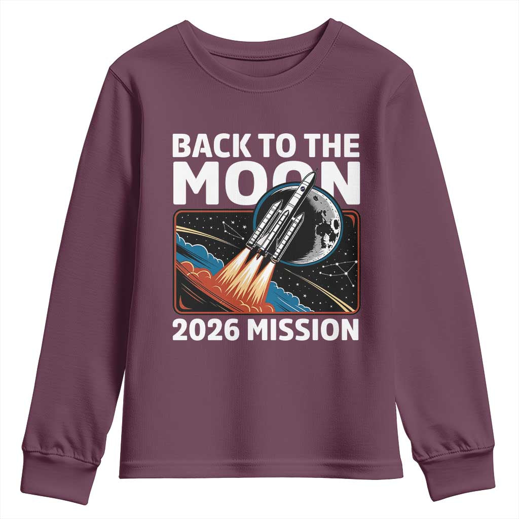 Back to the Moon 2026 Mission Youth Sweatshirt Retro Rocket Launch Lunar Orbit Space Enthusiasts