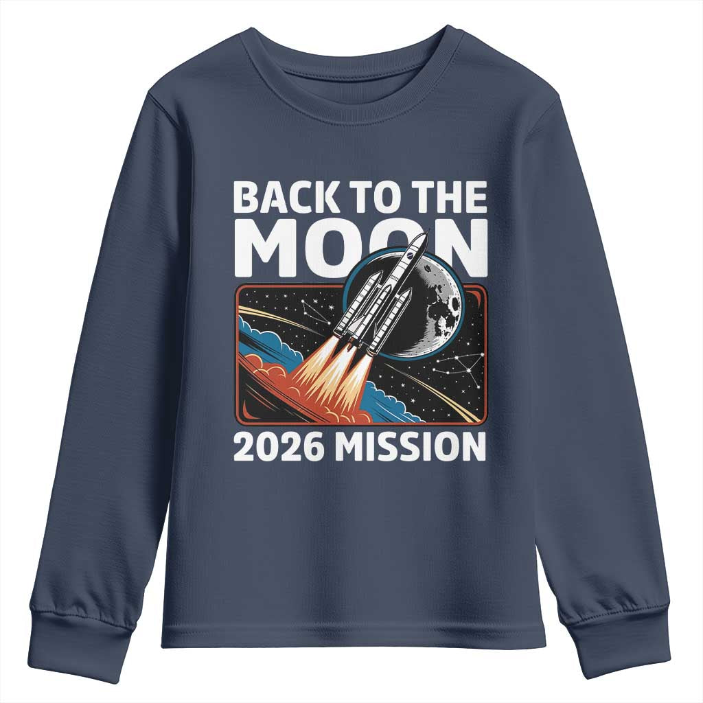 Back to the Moon 2026 Mission Youth Sweatshirt Retro Rocket Launch Lunar Orbit Space Enthusiasts