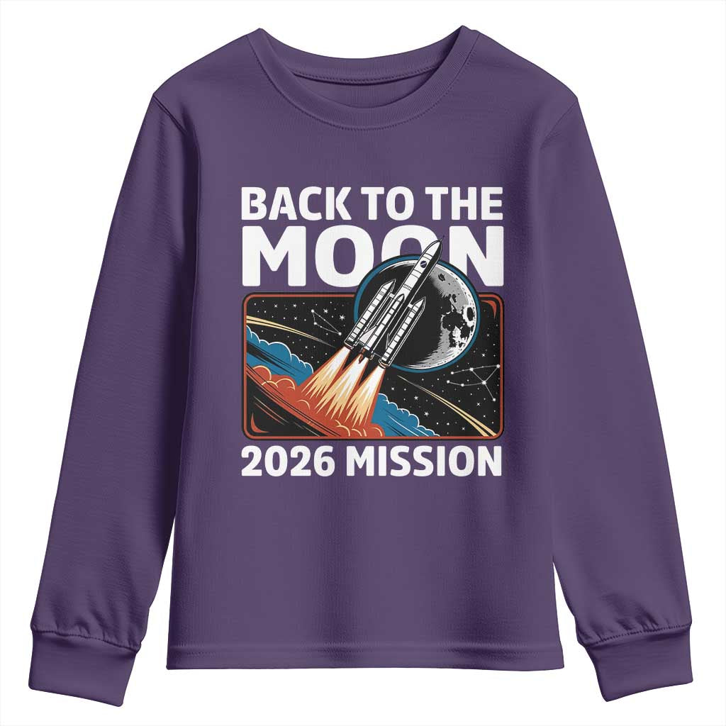 Back to the Moon 2026 Mission Youth Sweatshirt Retro Rocket Launch Lunar Orbit Space Enthusiasts