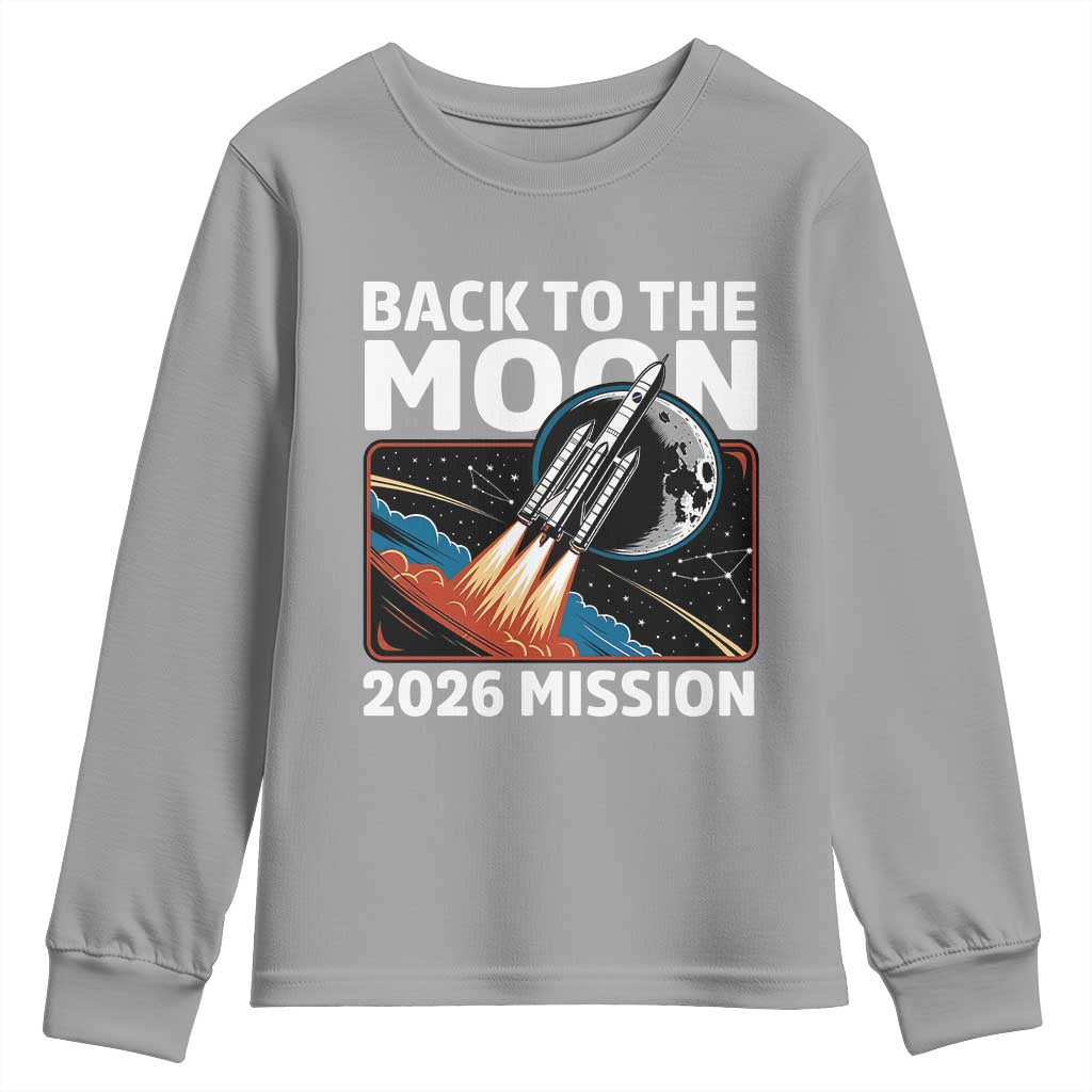 Back to the Moon 2026 Mission Youth Sweatshirt Retro Rocket Launch Lunar Orbit Space Enthusiasts