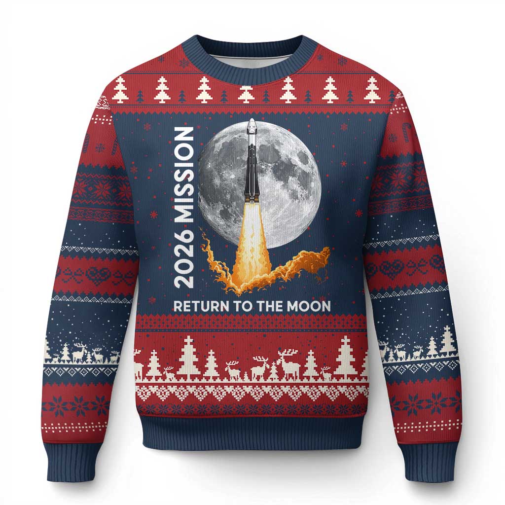 2026 Return to the Moon Mission Ugly Christmas Sweater Realistic Rocket Launch Lunar Graphic Space Exploration